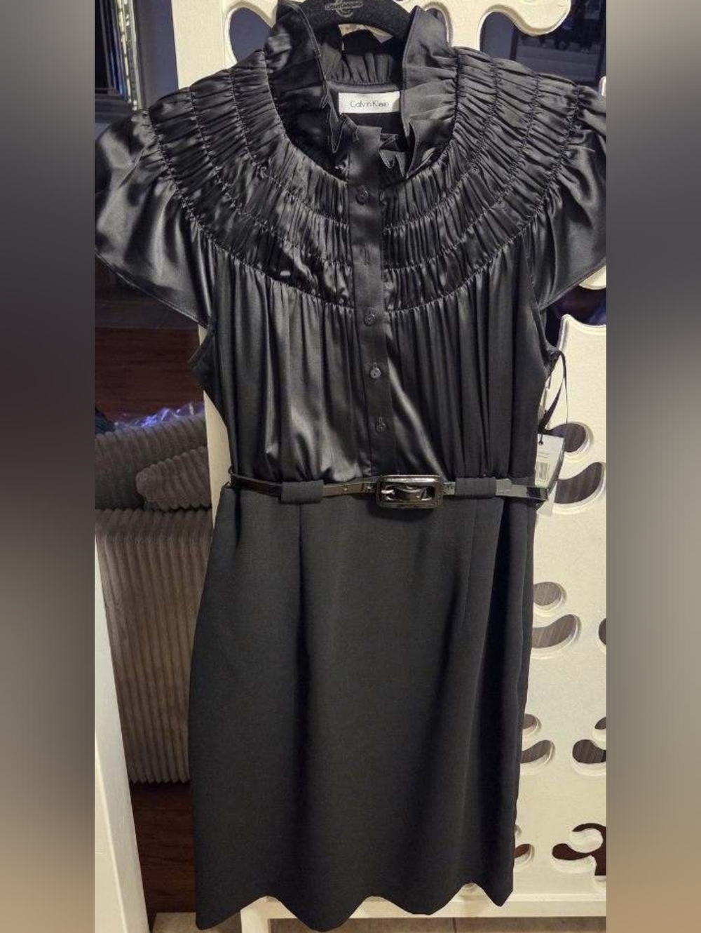 Black Satin Yoke Belted Sheath Dress